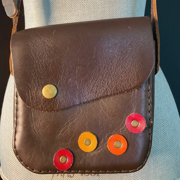 African Handmade Brown Leather Crossbody Bag with Colorful Leather Accent - Picture 4 of 12